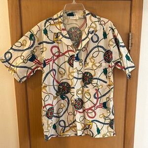 Gottex Vintage Nautical Rope Print Button Down Shirt Blue Gold Size Small